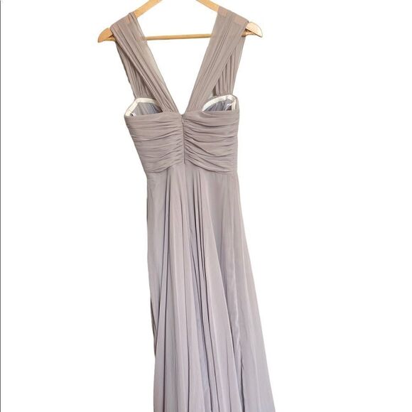 Dessy Collection Lux Off the Shoulder Maxi Dress Taupe Size 4 - Picture 9 of 11